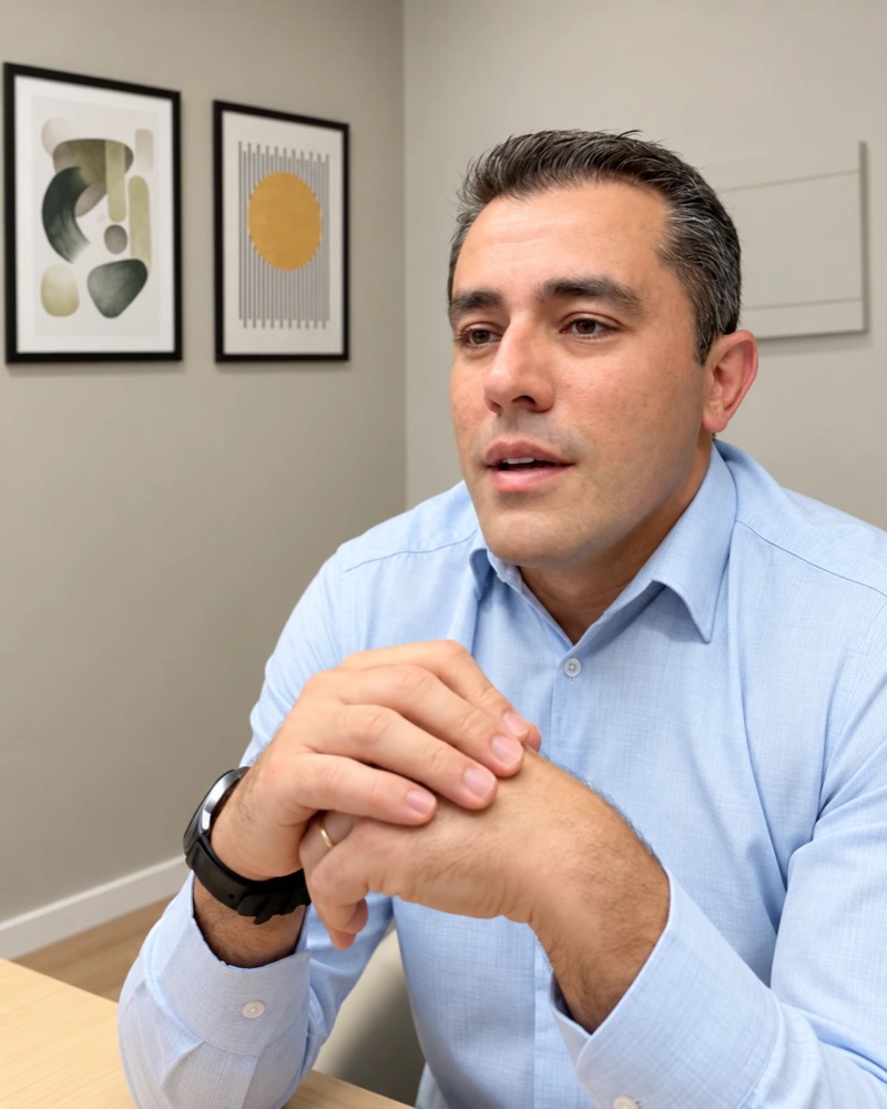 Dr. Rafael Gusmão sentado à mesa do consultório, conversando com as mãos entrelaçadas